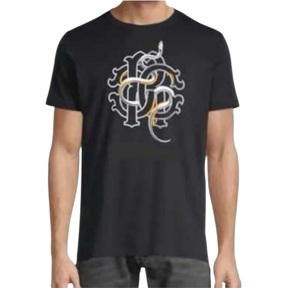 Roberto Cavalli Large Black Tee with Gold and White Design Luxury Cotton